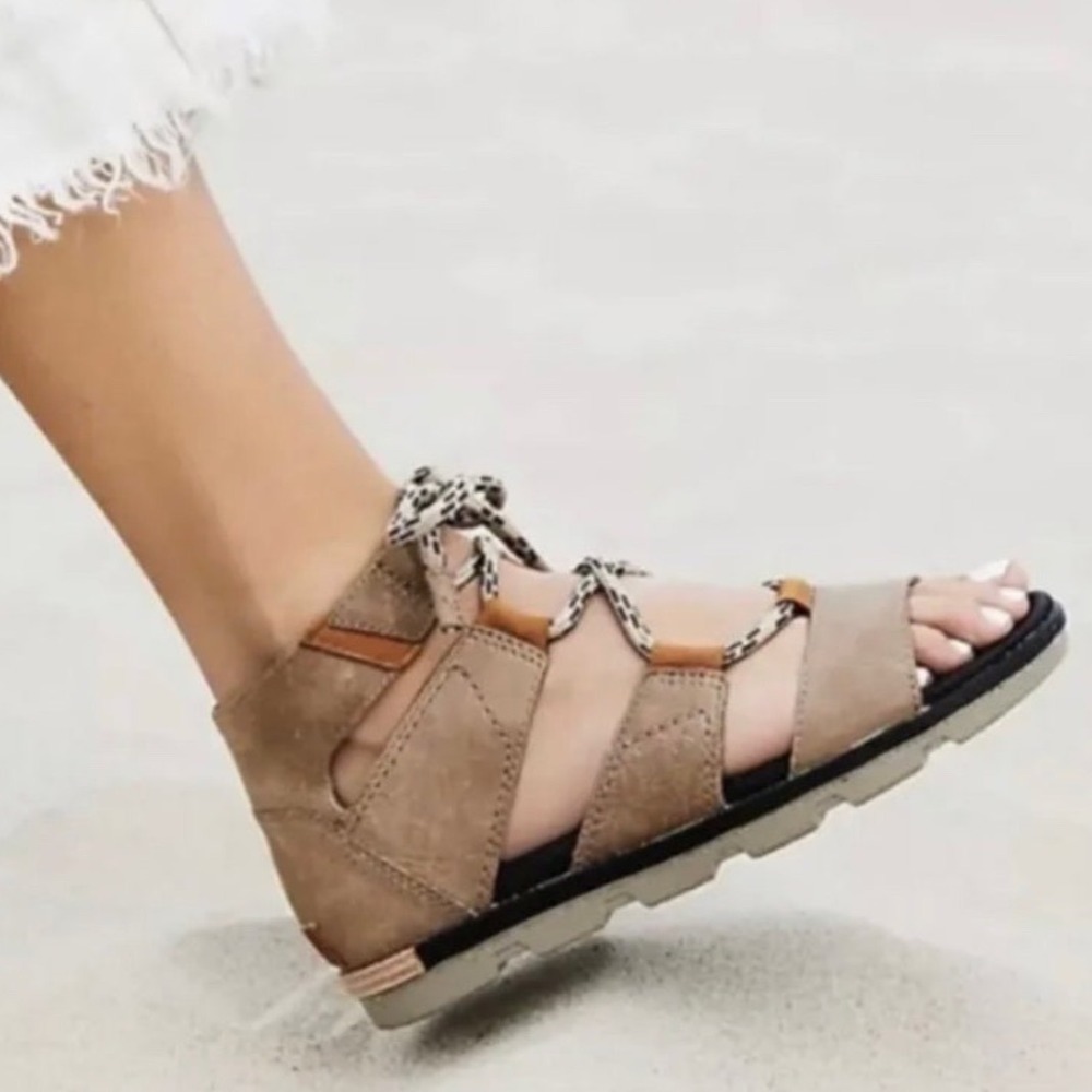 Sorel Torpeda Lace Up Sandal Ash Brown Leather Gladiator NL2495-220 Womens 5.5